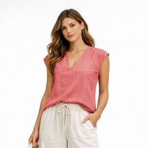 Tahari 100% Linen Blush Pink Relaxed Top | Lightweight Minimal Summer Blouse M